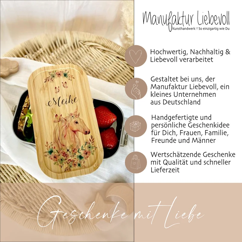 Brotdose "Einhorn" mit Bambusdeckel und Namen für Mädchen und Jungen | wählbar in Edelstahl | Lunchbox mit Einhornmotiv | Personalisierte Geschenkidee für Kinder