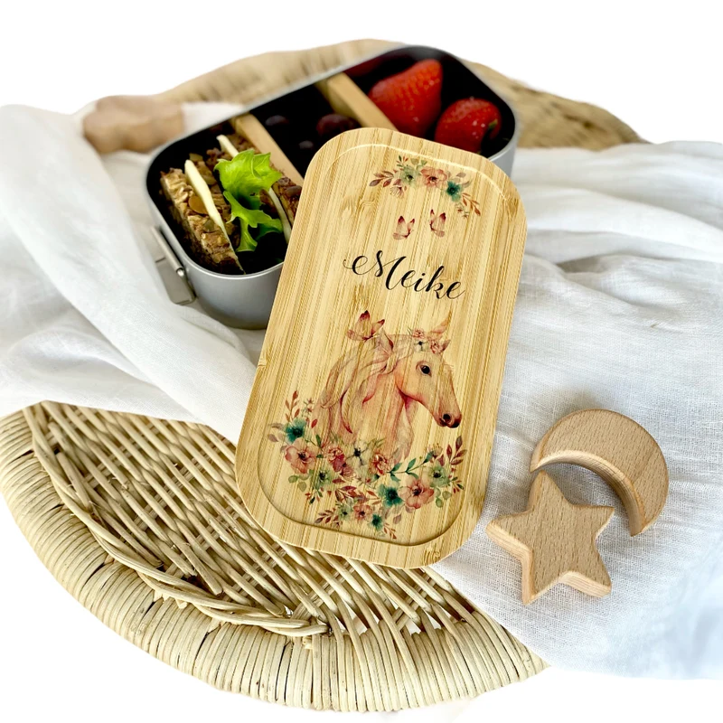 Brotdose "Einhorn" mit Bambusdeckel und Namen für Mädchen und Jungen | wählbar in Edelstahl | Lunchbox mit Einhornmotiv | Personalisierte Geschenkidee für Kinder