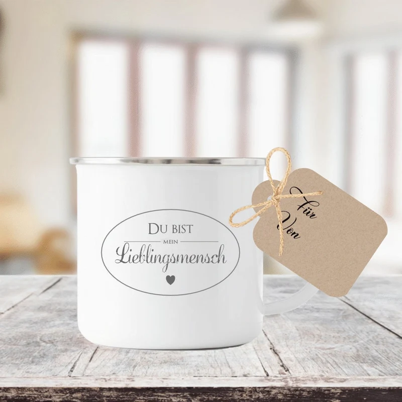 Tasse aus Emaille "Du bist mein Lieblingsmensch" | Besondere Geschenkidee für Frauen, Paare u. die beste Freundin | Tassengeschenk inkl. Geschenkanhänger zum Beschriften