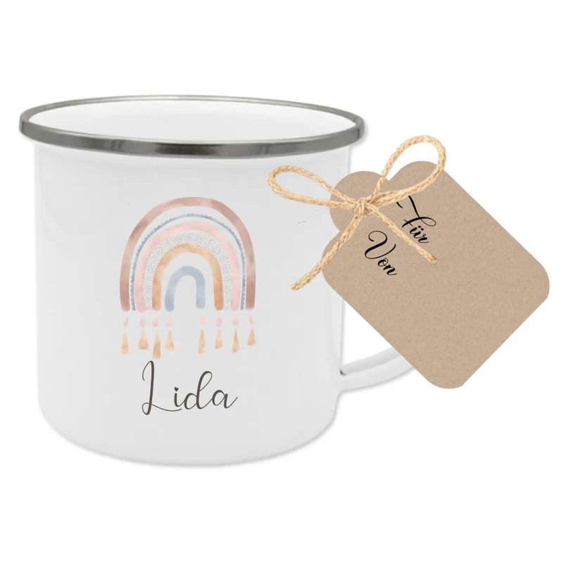"Regenbogen" Tasse mit Namen des Kindes | Schöne Geschenkidee für Kinder | Regenbogentasse für Mädchen u. Jungen inkl. Geschenkanhänger | 4 Motivvarianten zur Auswahl