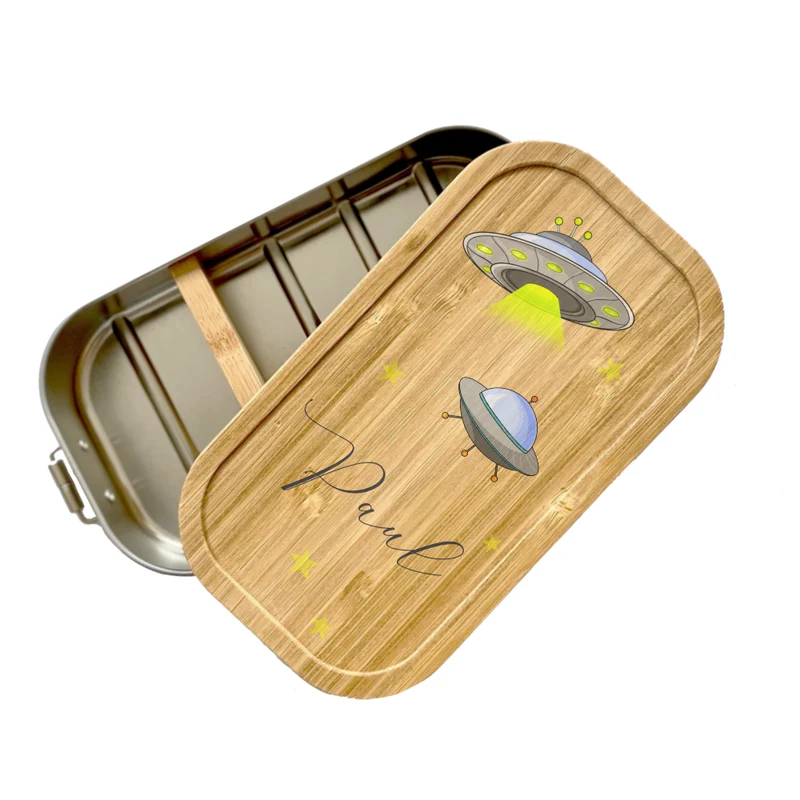Brotdose "Weltall" mit Bambusdeckel für Kinder mit Namen | Personalisierte Lunchbox | Geschenkidee für Kinder