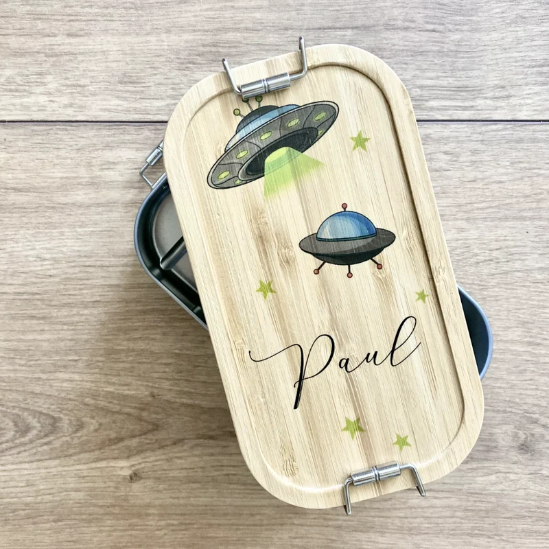 Brotdose "Weltall" mit Bambusdeckel für Kinder mit Namen | Personalisierte Lunchbox | Geschenkidee für Kinder