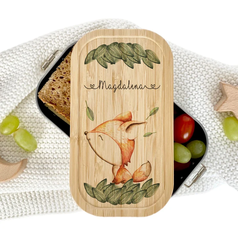 Brotdose mit Namen für Mädchen u. Jungen | Wählbar in Edelstahl | Lunchbox mit Motiv "Fuchs" | Personalisiertes Geschenk für Kinder