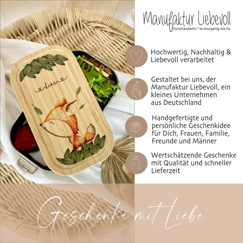 Brotdose mit Namen für Mädchen u. Jungen | Wählbar in Edelstahl | Lunchbox mit Motiv "Fuchs" | Personalisiertes Geschenk für Kinder
