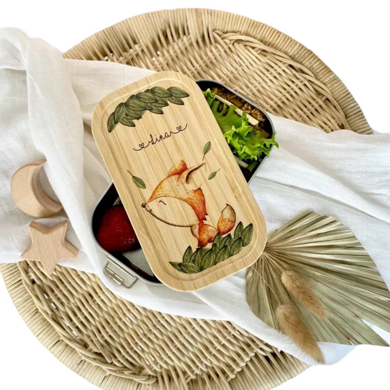 Brotdose mit Namen für Mädchen u. Jungen | Wählbar in Edelstahl | Lunchbox mit Motiv "Fuchs" | Personalisiertes Geschenk für Kinder