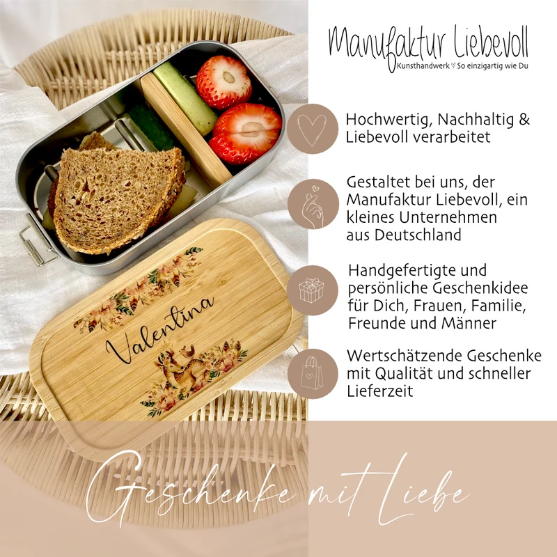 Nachhaltige Brotdose mit Bambus und Namen - Rehkitz | Wählbar in Edelstahl | Personalisiertes Geschenk für Mädchen