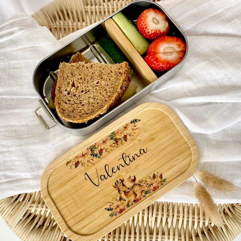 Nachhaltige Brotdose mit Bambus und Namen - Rehkitz | Wählbar in Edelstahl | Personalisiertes Geschenk für Mädchen