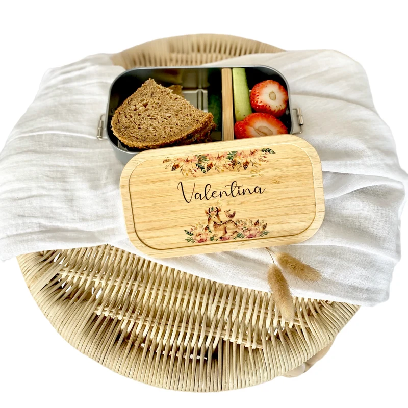 Nachhaltige Brotdose mit Bambus und Namen - Rehkitz | Wählbar in Edelstahl | Personalisiertes Geschenk für Mädchen