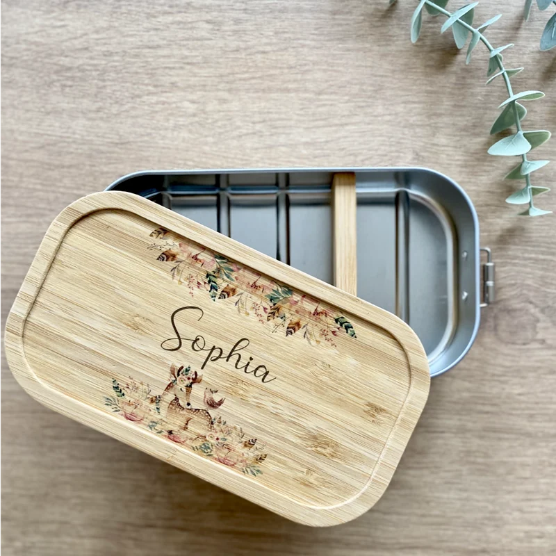 Nachhaltige Brotdose mit Bambus und Namen - Rehkitz | Wählbar in Edelstahl | Personalisiertes Geschenk für Mädchen