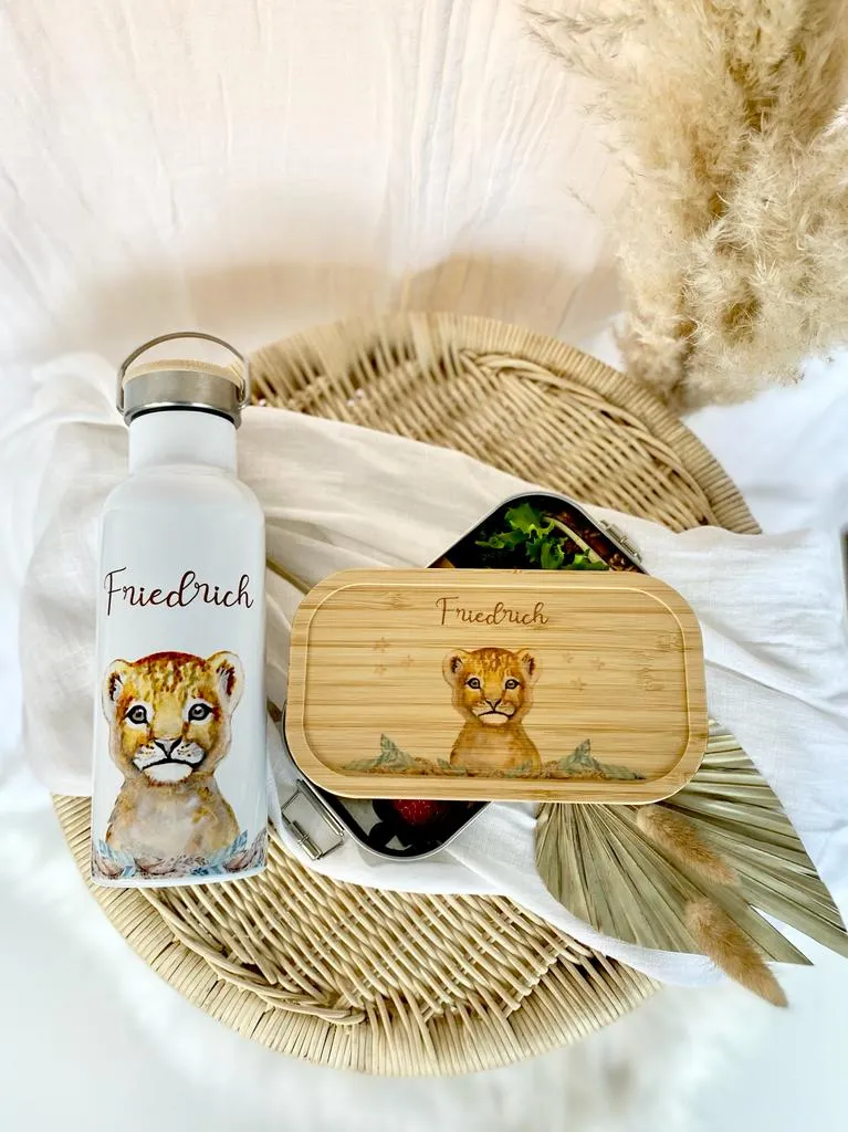 Frühstücksbox Löwe mit Namen für Mädchen und Jungen | Kinder Lunchbox mit Tiermotiv | Brotdose für Kindergarten und Schule | Personalisiertes Kindergeschenk