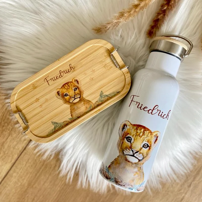 Frühstücksbox Löwe mit Namen für Mädchen und Jungen | Kinder Lunchbox mit Tiermotiv | Brotdose für Kindergarten und Schule | Personalisiertes Kindergeschenk