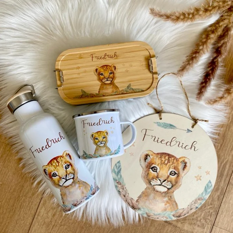 Frühstücksbox Löwe mit Namen für Mädchen und Jungen | Kinder Lunchbox mit Tiermotiv | Brotdose für Kindergarten und Schule | Personalisiertes Kindergeschenk