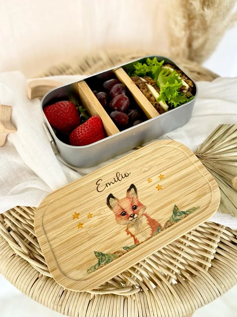 Kinder Lunchbox Fuchs mit Namen | Brotdose mit Tiermotiv für Jungen und Mädchen | Kindergarten und Schule | Personalisiertes Geburtstagsgeschenk