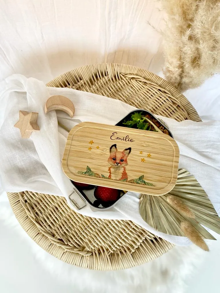 Kinder Lunchbox Fuchs mit Namen | Brotdose mit Tiermotiv für Jungen und Mädchen | Kindergarten und Schule | Personalisiertes Geburtstagsgeschenk