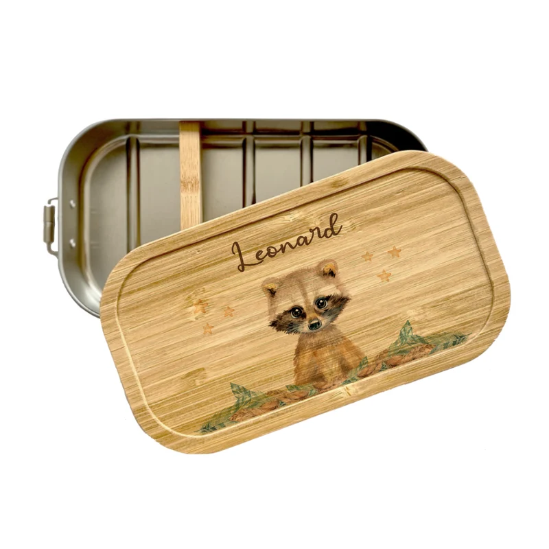 Brotdose Waschbär mit Namen für Kinder | Lunchbox mit Tiermotiv für Jungen und Mädchen | Kindergarten und Schule | Personalisiertes Geburtstagsgeschenk