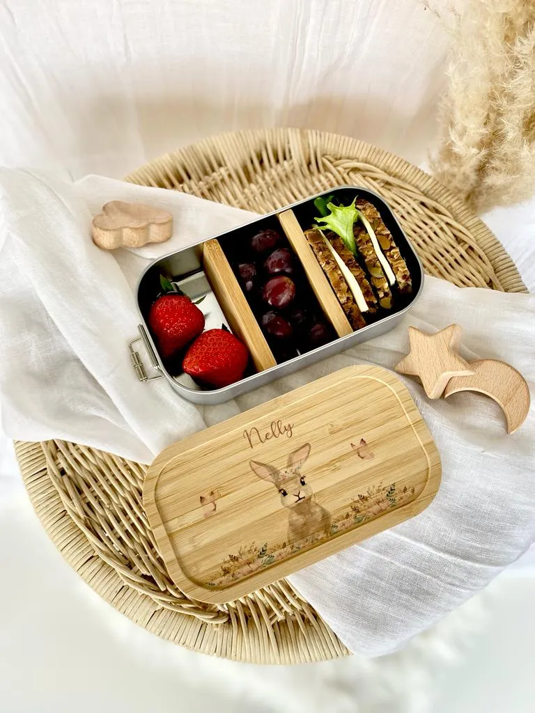 Personalisierte Brotdose mit Namen für Kinder | Motiv Hase | Kindergarten Lunchbox | Geschenk für Mädchen