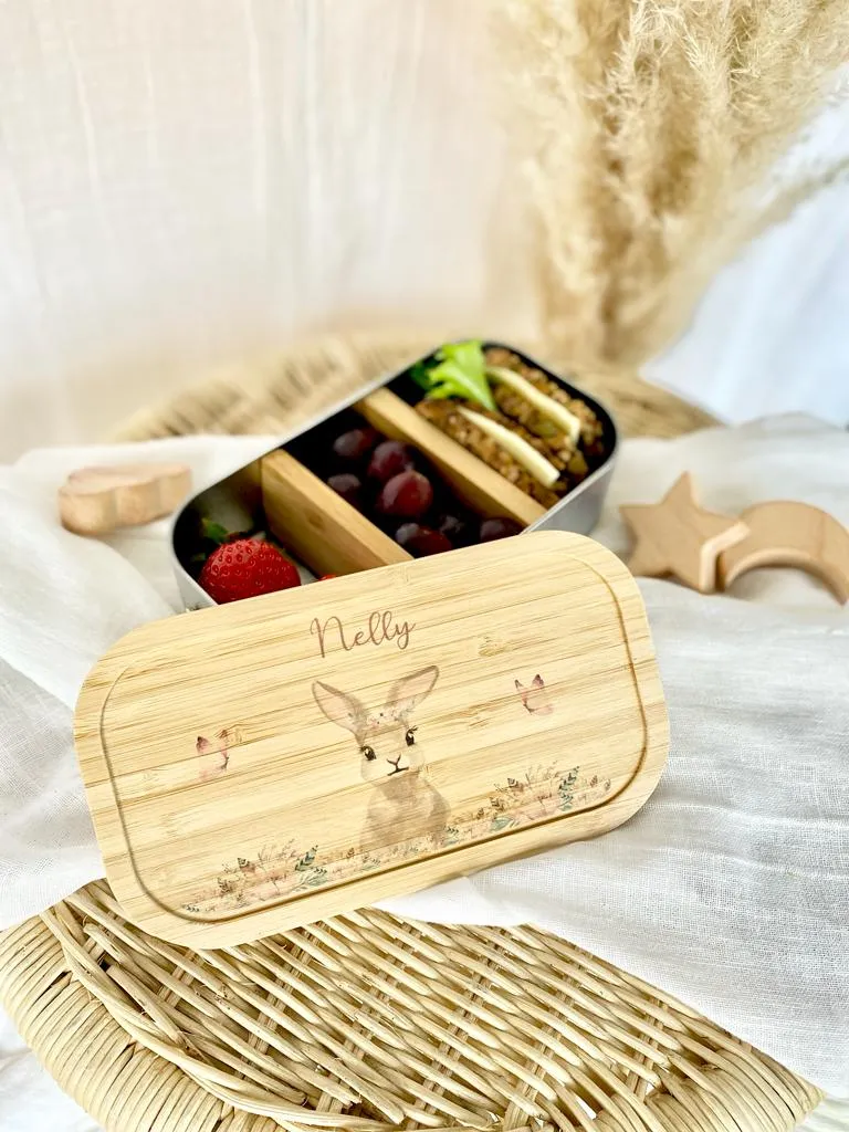 Personalisierte Brotdose mit Namen für Kinder | Motiv Hase | Kindergarten Lunchbox | Geschenk für Mädchen