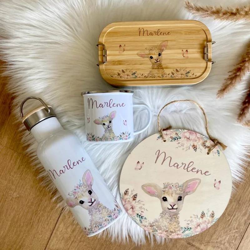 Nachhaltige Brotdose mit Bambus und Namen - Schaf | Personalisiertes Geschenk für Mädchen