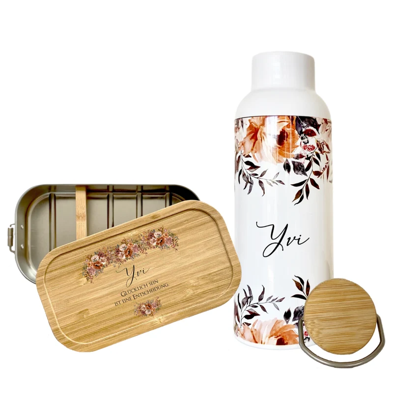 "Autumn" Nachhaltiges Set bestehend aus Brotdose u. Trinkflasche | Personalisiertes Geschenk mit Namen u. Spruch