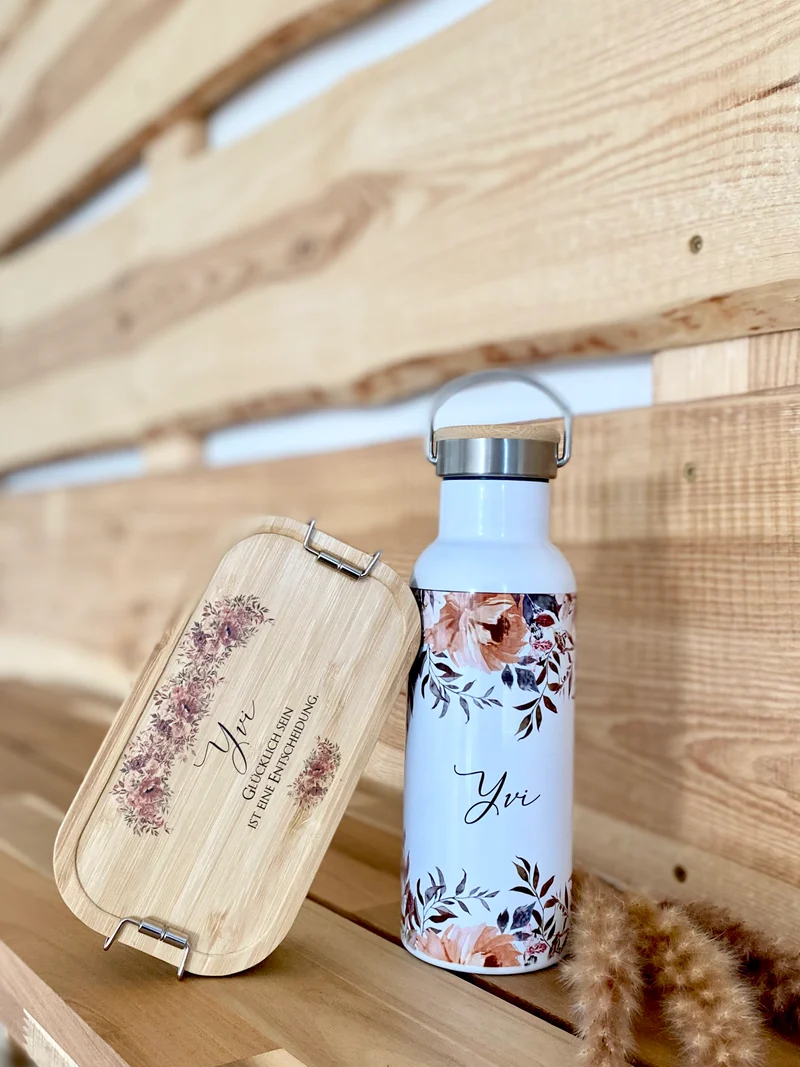"Autumn" Nachhaltiges Set bestehend aus Brotdose u. Trinkflasche | Personalisiertes Geschenk mit Namen u. Spruch