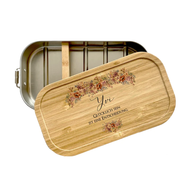 Brotdose "Autumn" mit Bambusdeckel Namen und Spruch | Lunchbox mit Blüten | Personalisierte Geschenkidee fürs Büro, Freizeit, Reisen