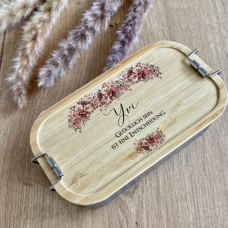 Brotdose "Autumn" mit Bambusdeckel Namen und Spruch | Lunchbox mit Blüten | Personalisierte Geschenkidee fürs Büro, Freizeit, Reisen