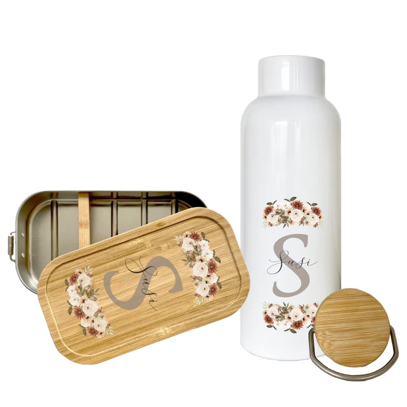 Trinkflasche "Monogram" mit Namen | Personalisiertes Geschenk mit Namen und Buchstaben | 500 ml Isolierflasche aus Edelstahl mit Bambusdeckel | Als Set verfügbar mit Brotdose
