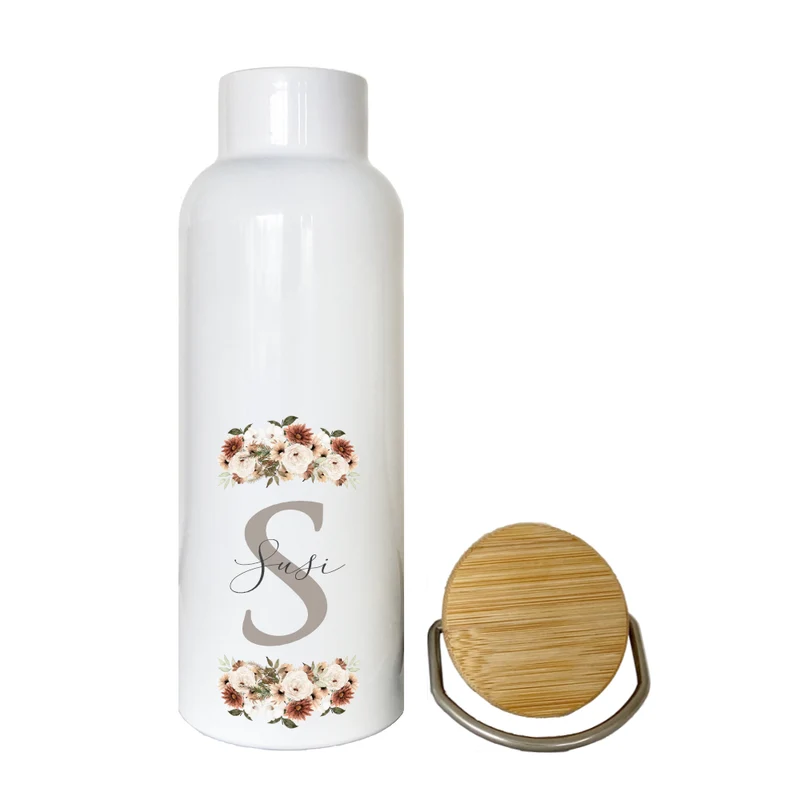 Trinkflasche "Monogram" mit Namen | Personalisiertes Geschenk mit Namen und Buchstaben | 500 ml Isolierflasche aus Edelstahl mit Bambusdeckel | Als Set verfügbar mit Brotdose