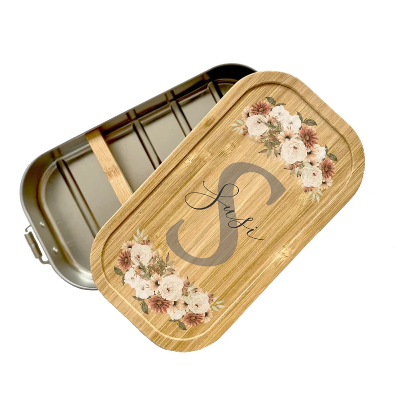 Trinkflasche "Monogram" mit Namen | Personalisiertes Geschenk mit Namen und Buchstaben | 500 ml Isolierflasche aus Edelstahl mit Bambusdeckel | Als Set verfügbar mit Brotdose