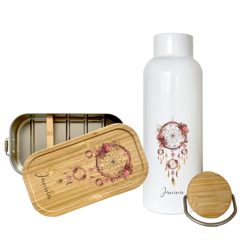 Trinkflasche "Traumfänger" mit Namen | Personalisiertes Geschenk | 500 ml Isolierflasche aus Edelstahl mit Bambusdeckel | Als Set verfügbar mit Brotdose
