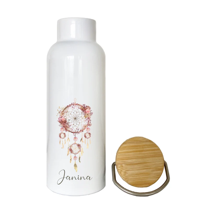 Trinkflasche "Traumfänger" mit Namen | Personalisiertes Geschenk | 500 ml Isolierflasche aus Edelstahl mit Bambusdeckel | Als Set verfügbar mit Brotdose
