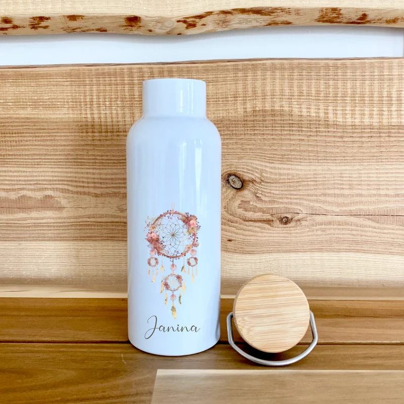 Trinkflasche "Traumfänger" mit Namen | Personalisiertes Geschenk | 500 ml Isolierflasche aus Edelstahl mit Bambusdeckel | Als Set verfügbar mit Brotdose