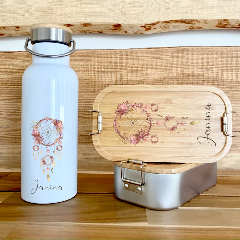 Trinkflasche "Traumfänger" mit Namen | Personalisiertes Geschenk | 500 ml Isolierflasche aus Edelstahl mit Bambusdeckel | Als Set verfügbar mit Brotdose