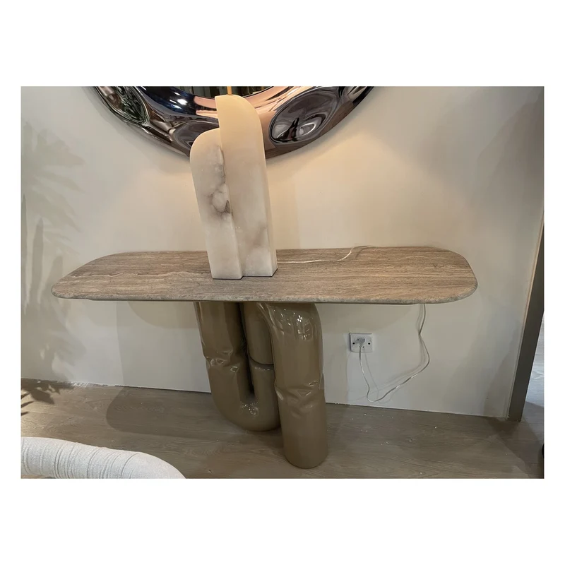 Casa Padrino Luxus Konsolentisch Khaki 140 x 40 x H. 76 cm - Konsolentisch mit Travertin - Moderne Flur Möbel - Luxus Qualität