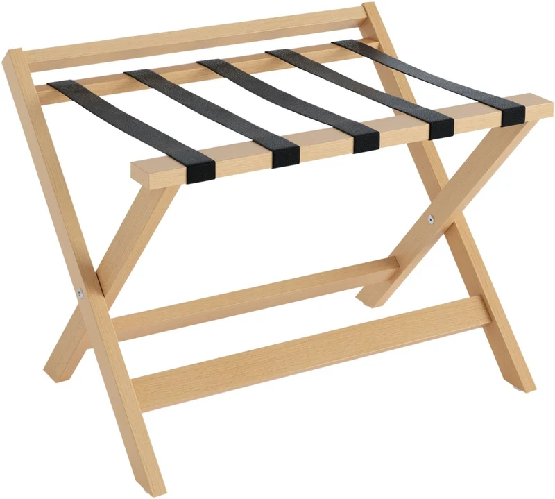 Casa Padrino Luxus Kofferständer Gepäckablage aus Buchenholz mit Textilgurten und Rückenlehne in Naturfarben / Schwarz 63 x 43 x H. 49 cm