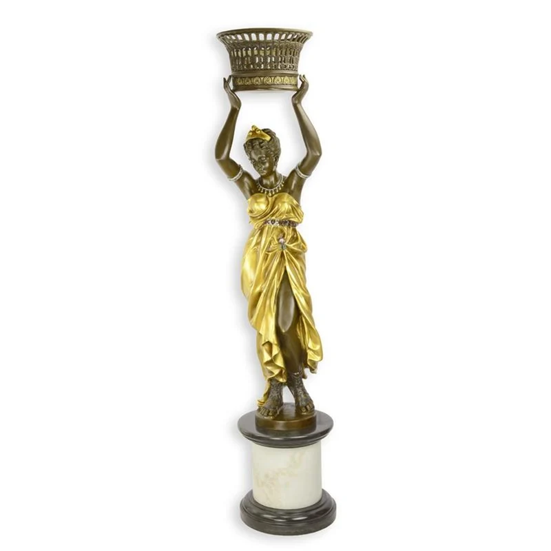 Casa Padrino Luxus Bronze Skulptur Orientalische Trägerin mit Schale auf Marmorsäule Bronze / Gold H. 188 cm - Bronzefigur mit Marmorsockel - Deko Figur