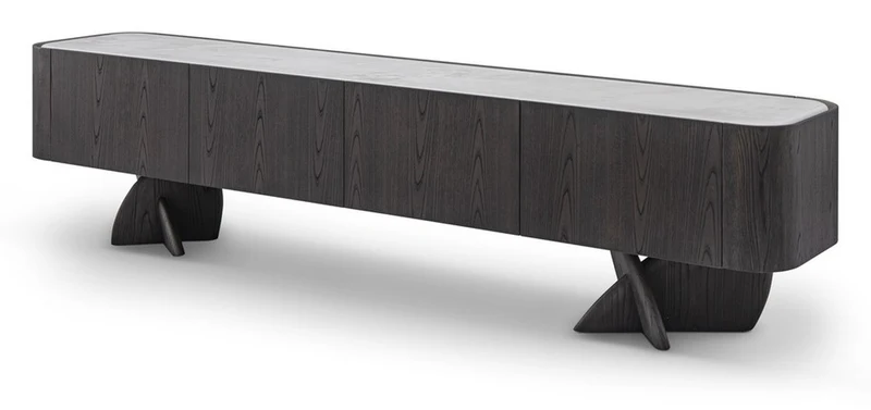 Casa Padrino Luxus TV Lowboard Dunkelgrau / Grau 220 x 42 x H. 52 cm - TV Lowboard mit Travertin - Moderne Wohnzimmer Möbel - Luxus Qualität