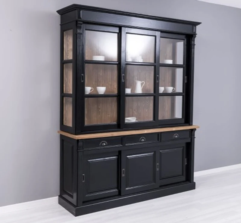 Casa Padrino Vitrine im Landhausstil mit 6 Schiebetüren, 3 Schubladen und Aufsatz, 180 x 51 x 220 cm