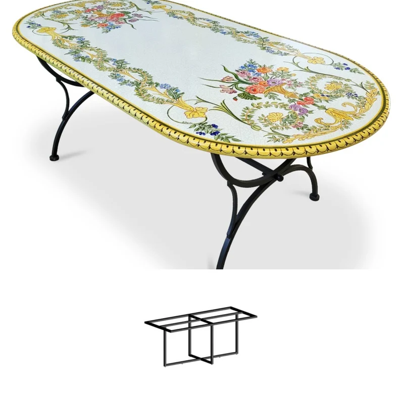 Casa Padrino Luxus Jugendstil Gartentisch Blumenbouquet 200 × 100 cm - Ovaler Esstisch aus handbemaltem Lavastein - Gastronomie Möbel - Made in Italy