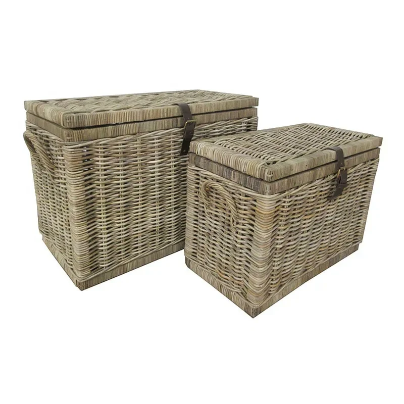 Casa Padrino Luxus Truhen Set Naturfarben / Grau - 2 Rattan Truhen mit Deckel und Lederriemen