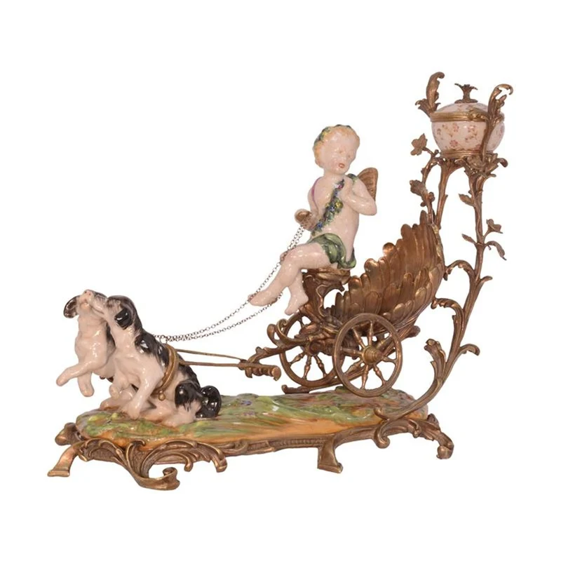 Casa Padrino Luxus Porzellan Tafelaufsatz Putto im Muschelwagen Bronze / Gold / Braun 22,2 x 48,6 x H. 35,5 cm - Bronze Montiertes Porzellan - Barock Deko