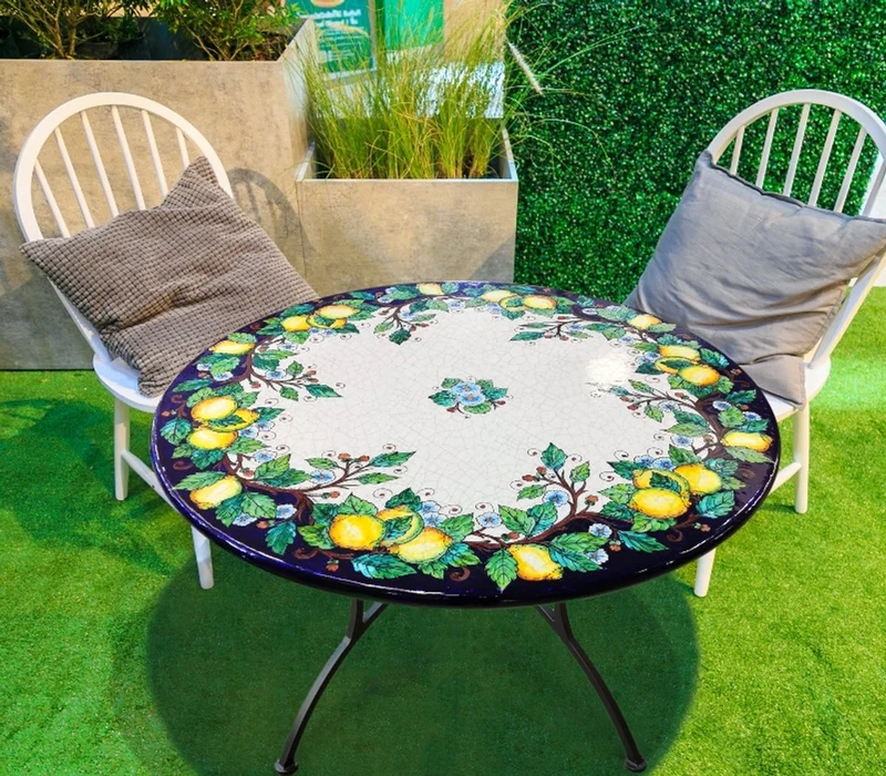 Casa Padrino Luxus Jugendstil Gartentisch Zitronen Ø 100 cm - Runder Esstisch aus handbemaltem Lavastein - Gastronomie Möbel - Made in Italy