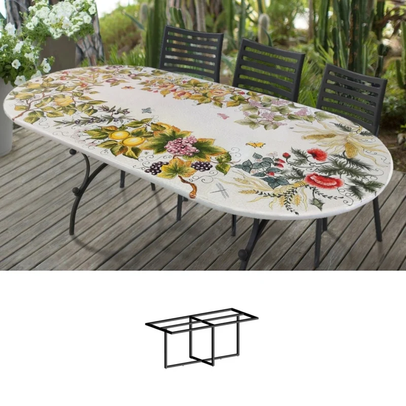 Casa Padrino Luxus Jugendstil Gartentisch Früchtekranz 200 × 100 cm - Ovaler Esstisch aus handbemaltem Lavastein - Gastronomie Möbel - Made in Italy