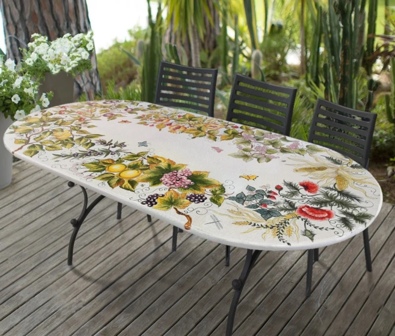 Casa Padrino Luxus Jugendstil Gartentisch Früchtekranz 200 × 100 cm - Ovaler Esstisch aus handbemaltem Lavastein - Gastronomie Möbel - Made in Italy