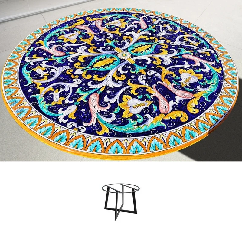 Casa Padrino Luxus Jugendstil Gartentisch Rankengirlande Blau Ø 150 cm - Runder Esstisch aus handbemaltem Lavastein - Gastronomie Möbel - Made in Italy