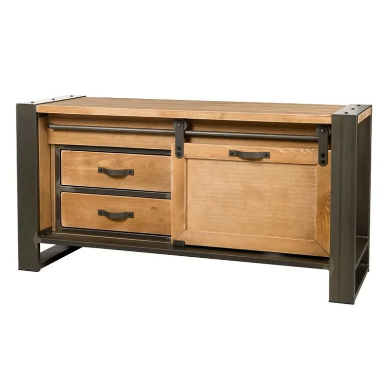 Casa Padrino Industrie Stil Sideboard Naturfarben / Anthrazit 120 x 40 x H. 61 cm - Massivholz Kommode mit Schiebetür und 2 Schubladen