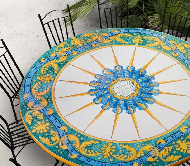 Casa Padrino Luxus Jugendstil Gartentisch Sonnenstern Ø 160 cm - Runder Esstisch aus handbemaltem Lavastein - Gastronomie Möbel - Made in Italy