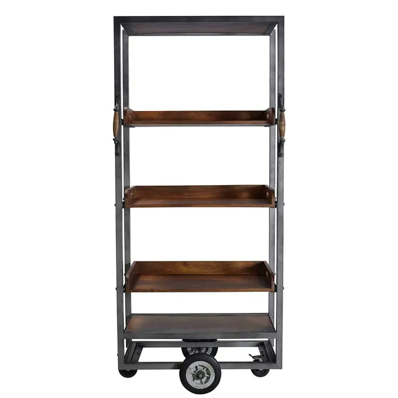 Casa Padrino Industrie Stil Bücherregal Anthrazit / Braun 80 x 40 x H. 180 cm - Fahrbares Regal mit 4 Massivholz Böden