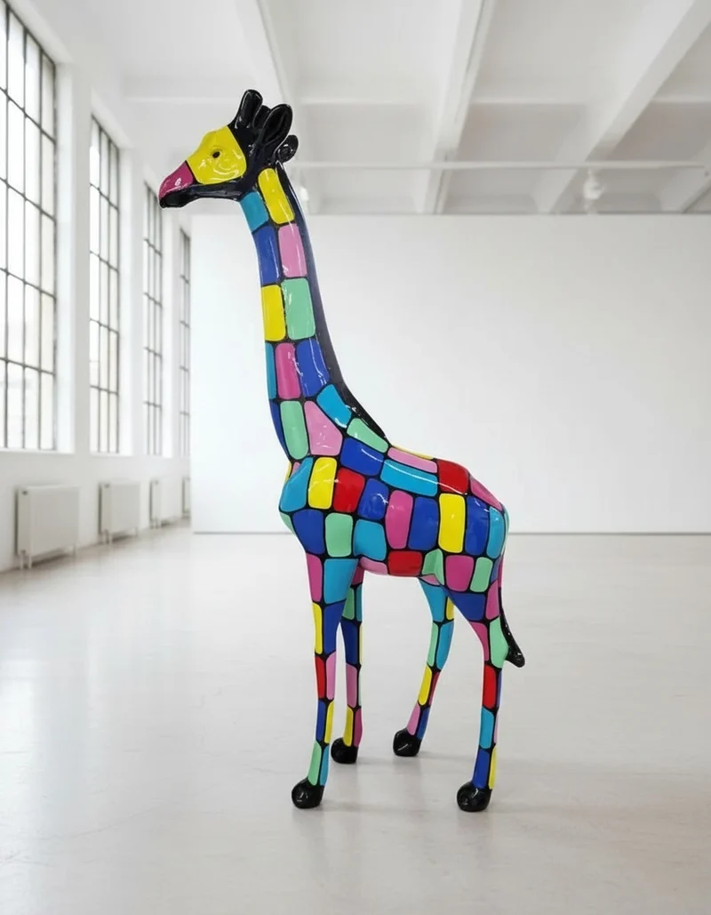 Casa Padrino Luxus Deko Skulptur Giraffe Bunt H. 210 cm - Riesige Gartenskulptur - Lebensgroße Skulptur - XXL Deko Skulptur - XXL Deko Figur