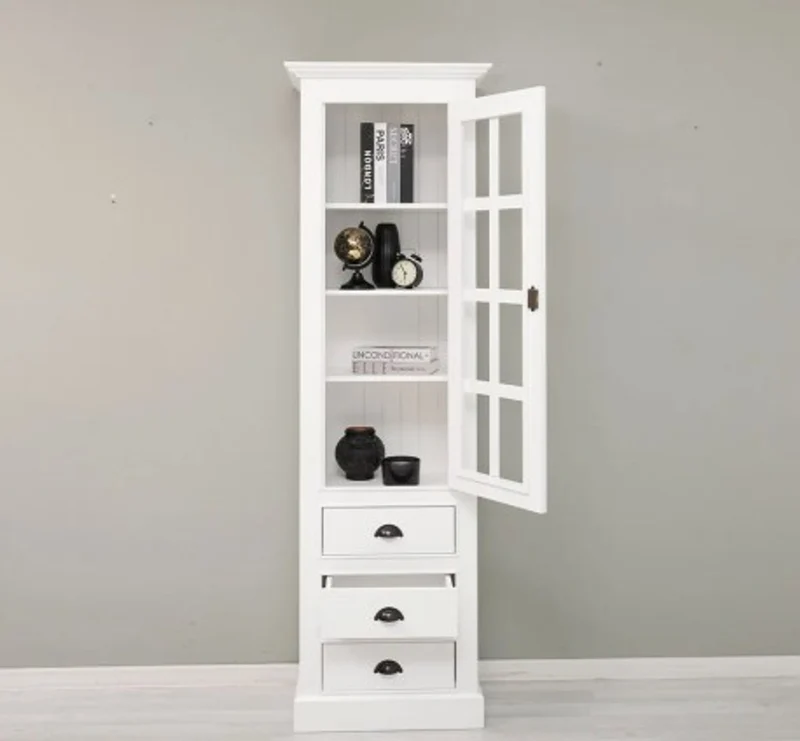 Casa Padrino Vitrine im Landhausstil Weiß mit 1 Glastür und 3 Schubladen, 66 x 40 x 210 cm